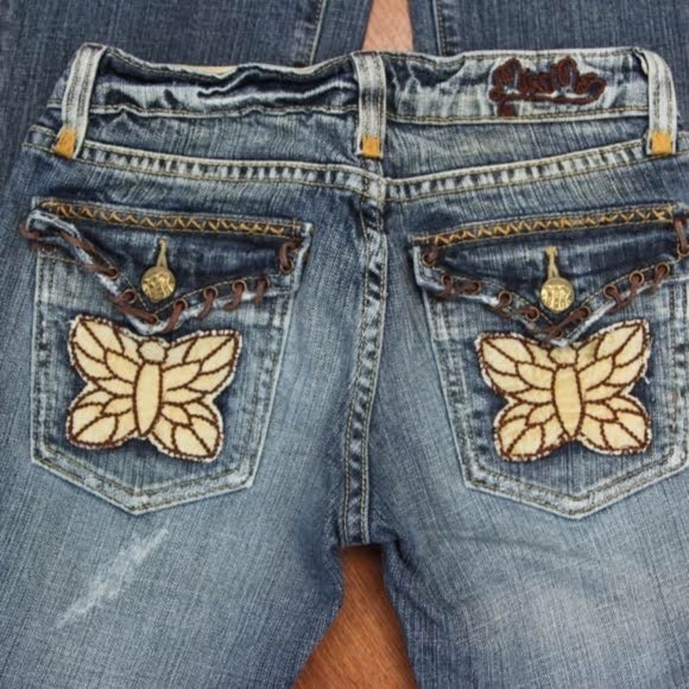 Miss Me Butterfly Pocket Raw Hem Flare Jeans